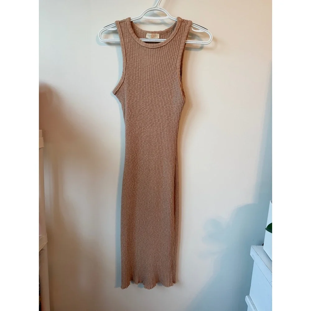 Chrysanthemum Tan Ribbed Knit Sleeveless Midi Bodycon Dress Medium